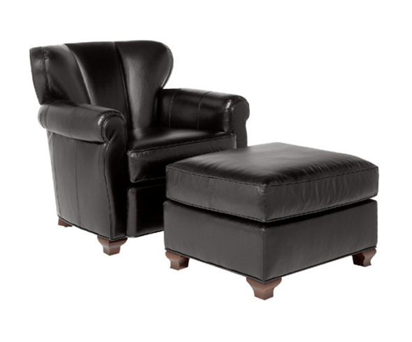 Black Leather Lounge Chair With Ottoman Wood / Metal Frame Wingback