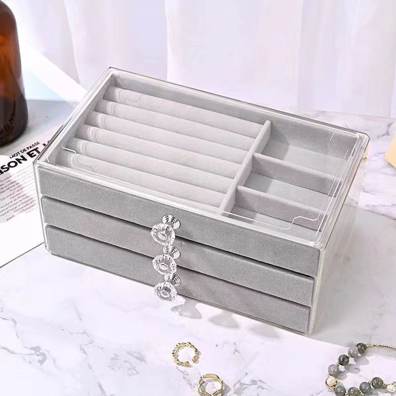 Modern Acrylic Velvet Jewelry Organizer Rectangle 3-Drawer Stackable Display Storage Tray for Earrings Necklace