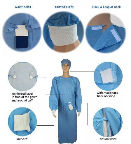 58gsm Blue Color Antibacterial Hospital Uniform Surgical Gown with oblique shoulder sleeves