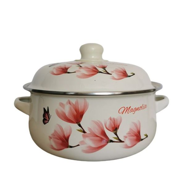 Handmade Custom Enamel Casserole Pot White Enamel Coating Flower Decal Soup Stew Pot