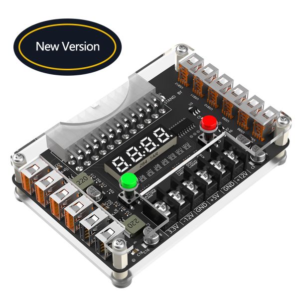New Version ATX Power Supply Breakout Board with Acrylic Case Kit Featuring 3.3V, 5V, 12V, -12V Output and 12 Ports USB 2.0 Hub with 3A Maximum
