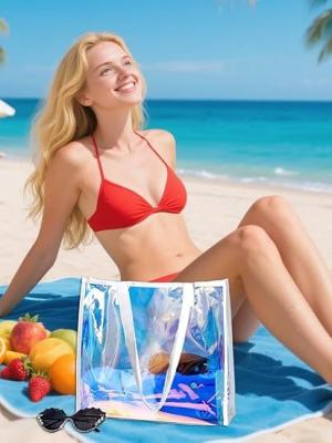 Holographic Clear Tote Bag With Leather Handle Iridescent Beach Totes Shoulder Handbag For Women Summer Pool Party