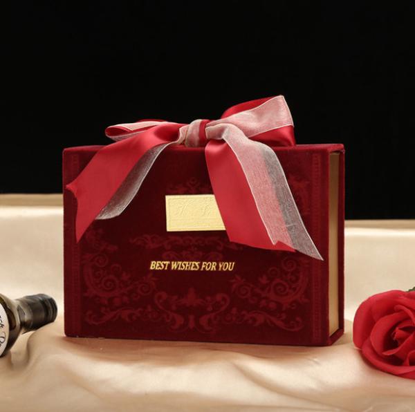 Velvet Book Shaped Paper Gift Box Self Erecting Cardboard Packaging Red Pink Orange