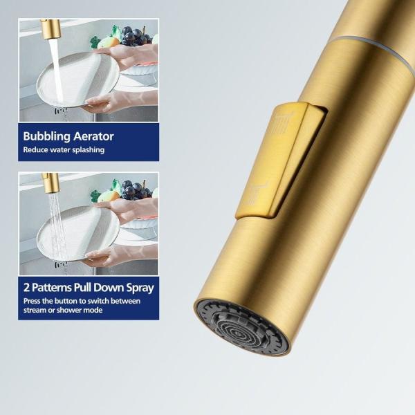 Modern Brass Kitchen Tap with Pull Out Sprayer and 360 Degree Swivel in Brushed Gold