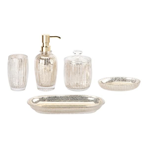 Mercury Gold Glass Bathroom Accessories Set Round Shape With Ribbed Vertical Stripe Glass Soap Dispenser Glass Toothbrush Holder Soap Dish Holder