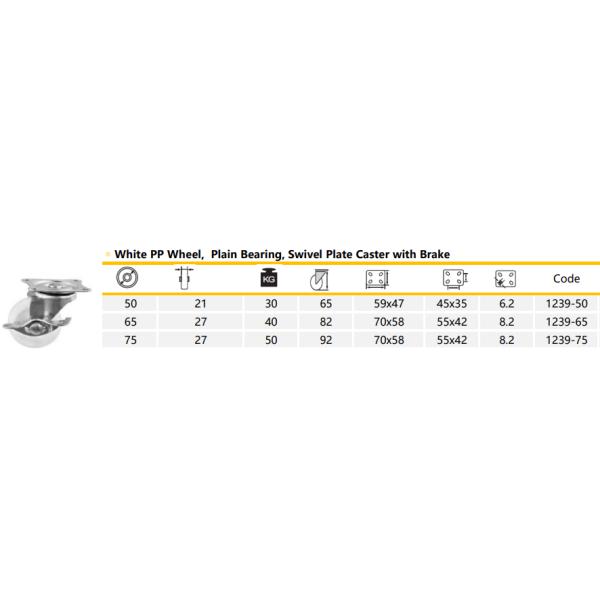 2 Inch 50mm White PP Wheel Plain Bearing Swivel Plate Caster With Brake