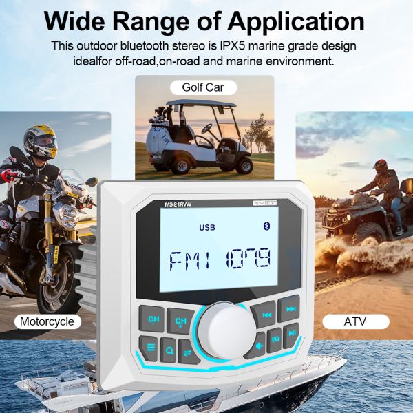 Waterproof Bluetooth Radio Marine Stereo FM AM Digital Media Audio Player+2 Pairs 4 inch Stereo Speakers For ATV UTV Golf Cart Tractor