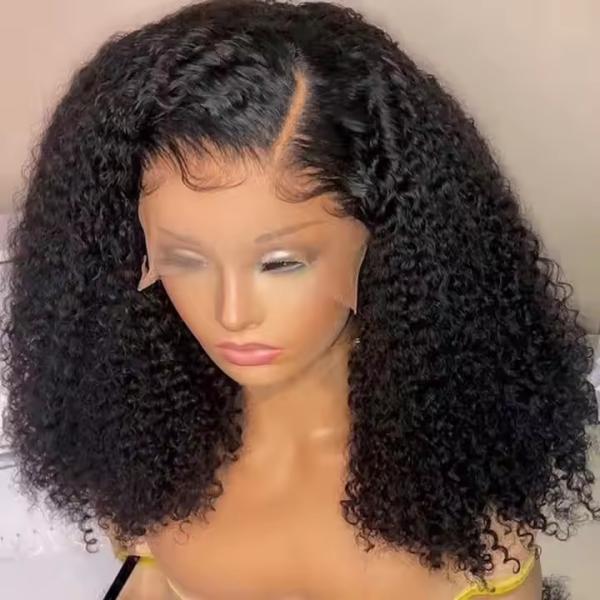 Natural Black Short Cut Bob Kinky Curly 13X4 Deep Lace Front Wig Preplucked Glueless