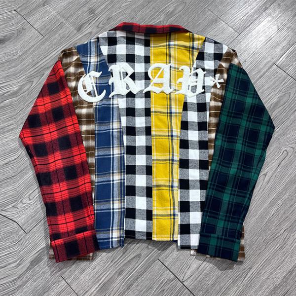 Custom Flannel Plaid Shirt Button Up Embroidery Patchwork Logo Color Block Polo Shirt Cut Sew Patch Shirt For Men