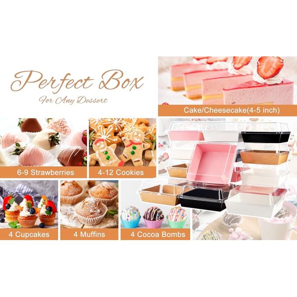 Small Charcuterie Boxes With Clear Lids, To Go Paper Dessert Boxes Bakery Boxes, 5 Inches Disposable Food Containers For Cookies, Cupcakes, Slice Cakes, Strawberries