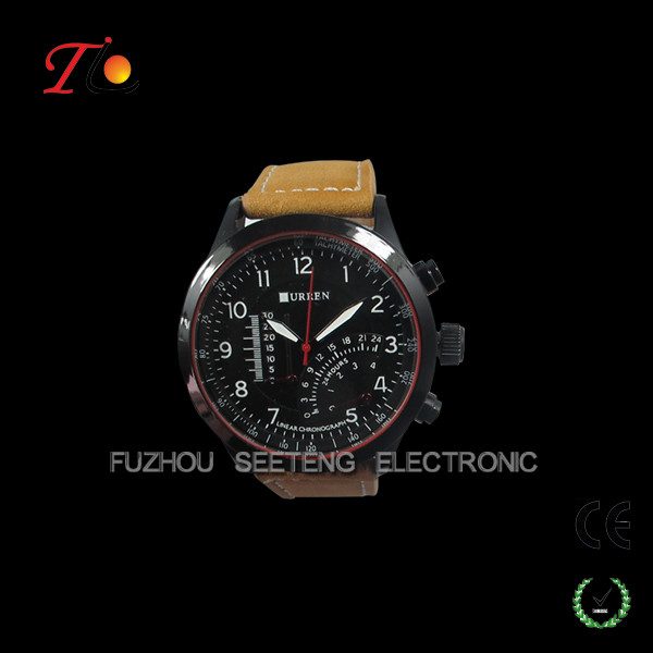 Hot sell luxury men curren watches for men with leather band and three bars