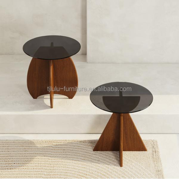 Solid Wood Round Side Glass Top Table Coffee Table For Living Room Design General Home Furniture Lacquered Finish