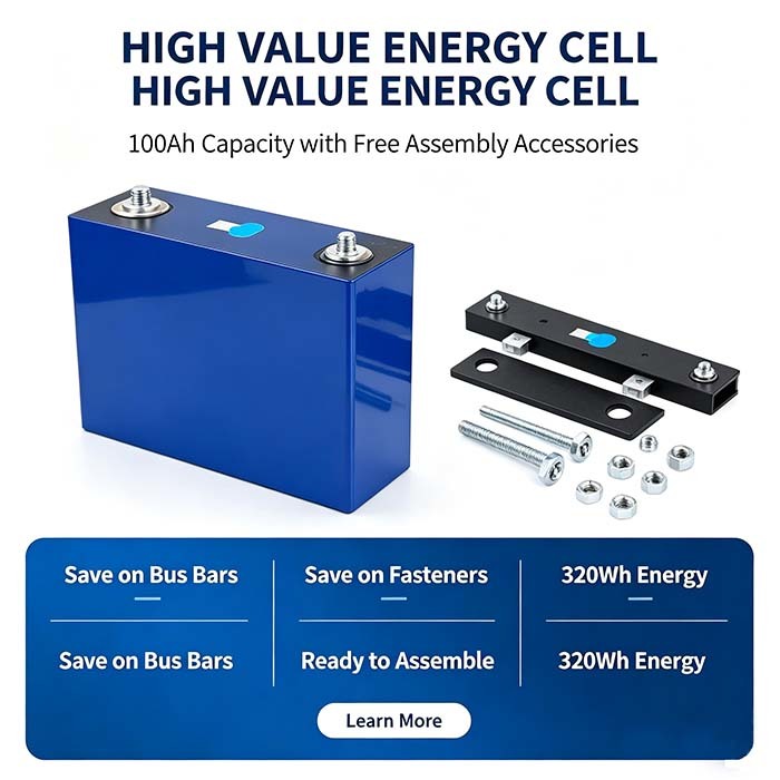 Prismatic LiFePO4 Battery Cell 3.2V 100Ah, Long Cycle Life Lithium Iron