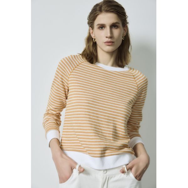 Caramel Sweatshirt Sportswear White Striped Birdseye Textured Raglan Sleeve