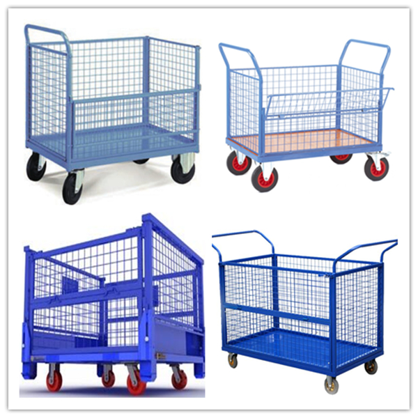 Two Handles 3 Mesh Sides Food Store Trolley For Industrial Warehouse