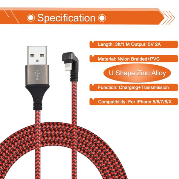 Game U L Shape USB Cable 8 Pin for iPad iPhone Zinc Aluminum Alloy Housing