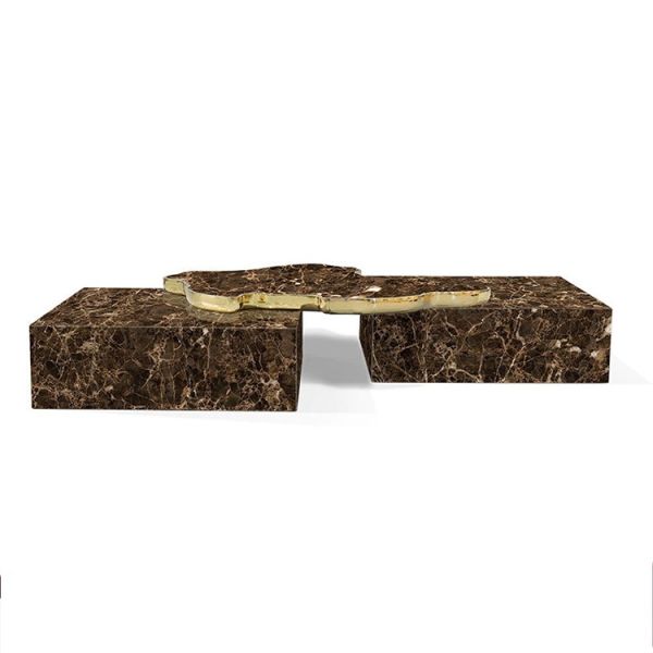 Luxury Dark Emperador Marble Coffee Table With Organic Gold Brass Bridge Natural Stone Block Center Table for Villa Hotel Lobby