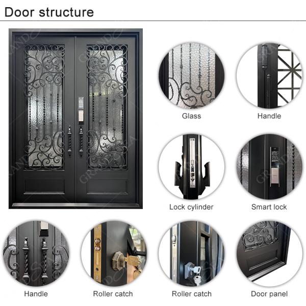 Simple Custom Interior Grill Design Living Room Double Cast Forged Wrought Steel Partition French Glass Iron Door for House