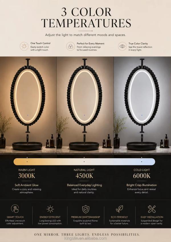 Kingstin Luxury Floating Suspended LED Mirror with Custom Size Black Stainless Steel Frame for Modern Bathrooms Hotel and Villas