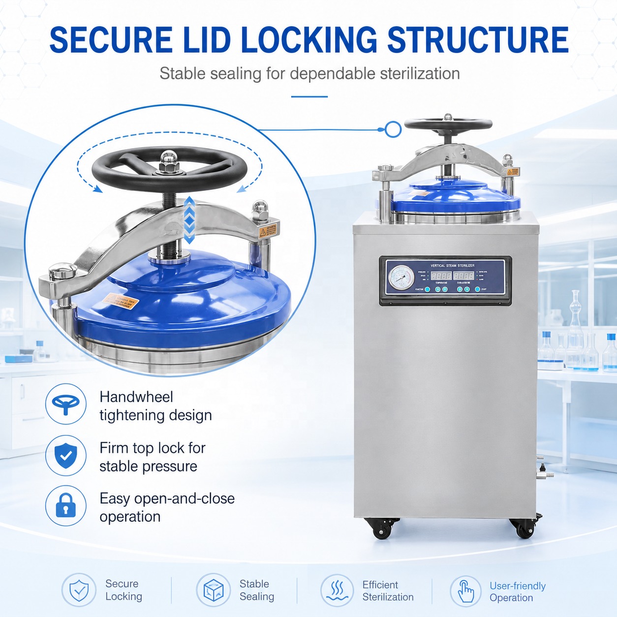 Cenlee Laboratory Steam Sterilizer 110V 220V 2.5-4.5kW 35L 50L 75L 100L Automatic Protection Stainless Steel Vertical Autoclave