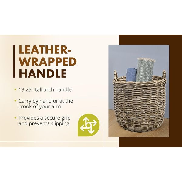 Rattan Kobo Round Storage Basket, Handwoven Rattan Basket With Handles, Organization & Home Decor For Storage, Gray-Brown