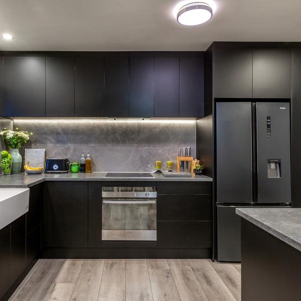 Simple L Shaped Kitchen Units Luxury Modular Dark Black Solid Wood Kitchen Cupboard Set