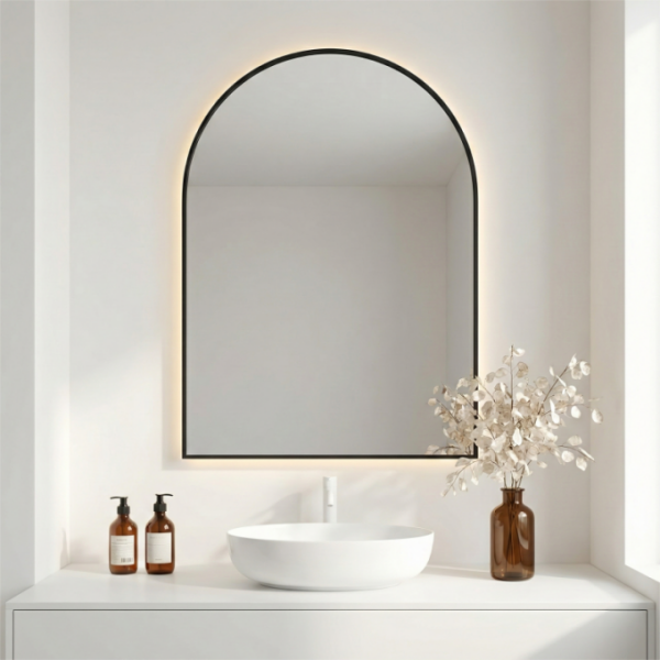Modern LED Bathroom Mirror Golden Metal Wall Half Circle Arch Illuminated Bedroom Wide Arched Makeup Mirror for Villa Hotel Use
