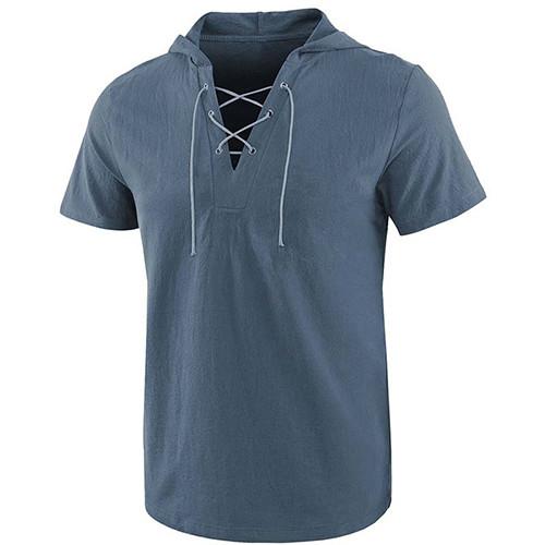 2021 Summer Causal Loose Solid Hooded Lace Up Short Sleeve T Shirt For Men
