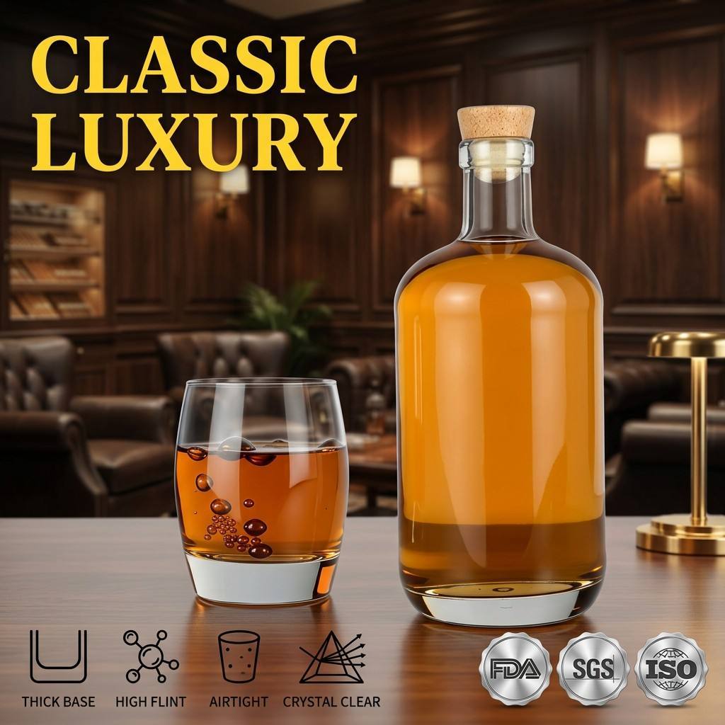 100ml - 1000ml Round Liquor Glass Bottle High Flint Transparency For Whisky Rum Gin Tequila