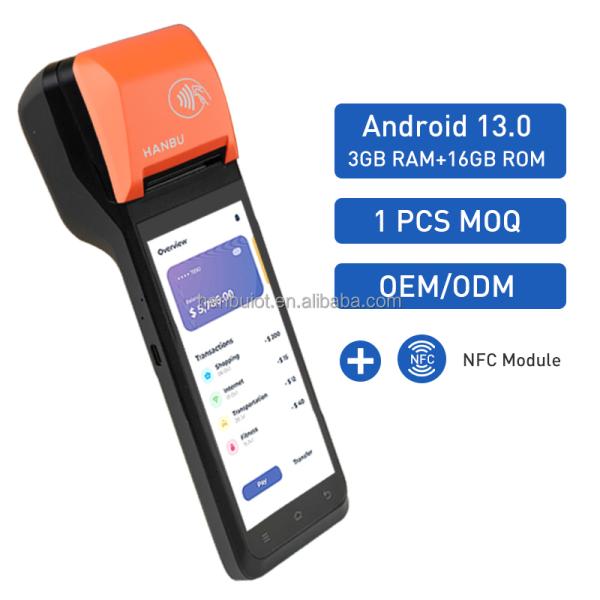 Terminal POS portátil Hanbu con impresora térmica de 58 mm y batería de 6400 mAh
