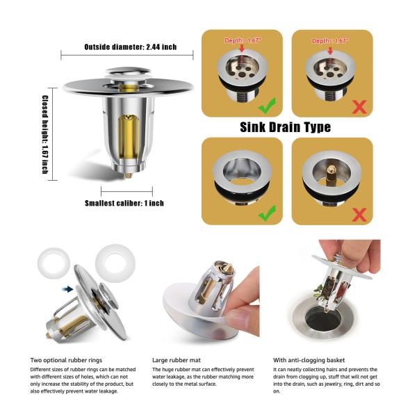 2.44inch American Size Upgraded Brass Sink Drain Stopper Pop Up Bathtub Drain Strainer