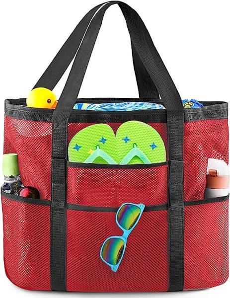 Mesh Beach Bag, Extra Large Beach Bags with 9 Pockets & Zipper Waterproof Lightweight Beach Tote for Beach/Pool Trip