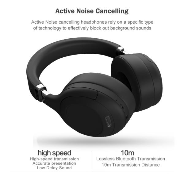 Headband Active Noise Cancelling Earphones 10m Deep Bass Wireless Headphones