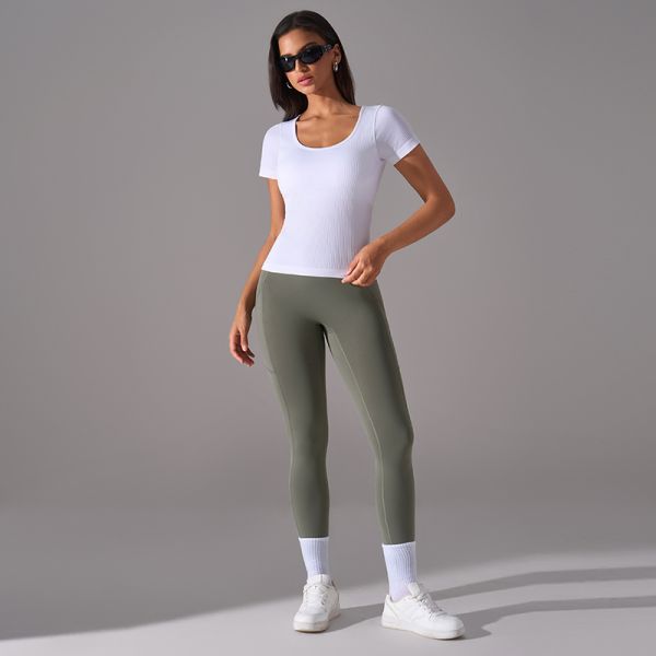 Nylon Spandex Leggings with Pockets High Waisted Olive Green Tummy Control 7/8 Length