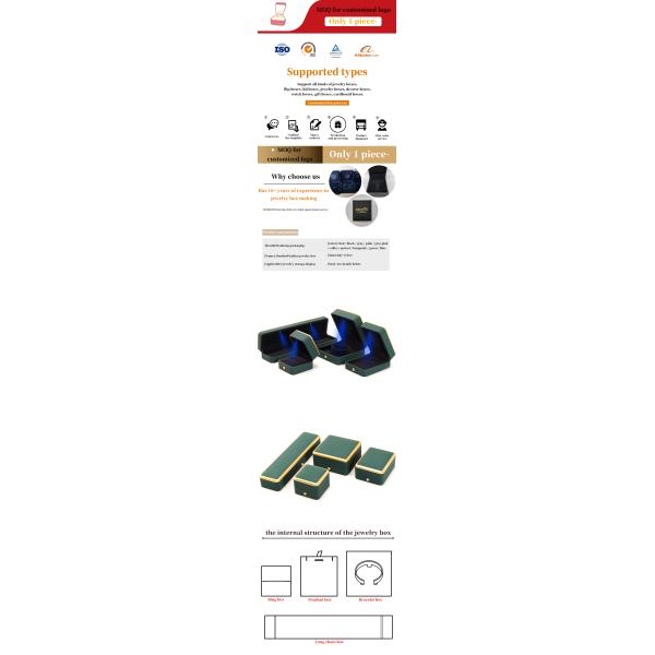 Caja de joyería LED verde cuadrada para envases de lujo de collares y anillos personalizables