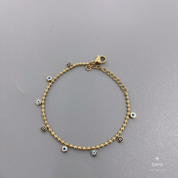 Blue Devil's Eye Gold Bead Chain Necklace 18k Gold Plated Stainless Steel Jewelry