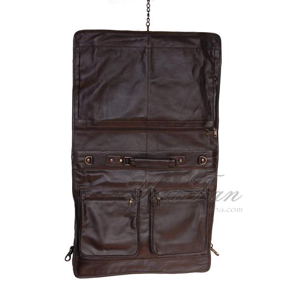 Vintage Leather Travel Garment Bag With Two Front Zipper Pockets