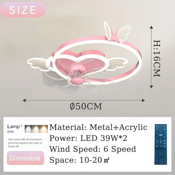 Quiet Fan Ceiling Light with Remote 6 Speeds Led Dimmable pink Kids Ceiling Fans with Lights(WH-CLL-54)