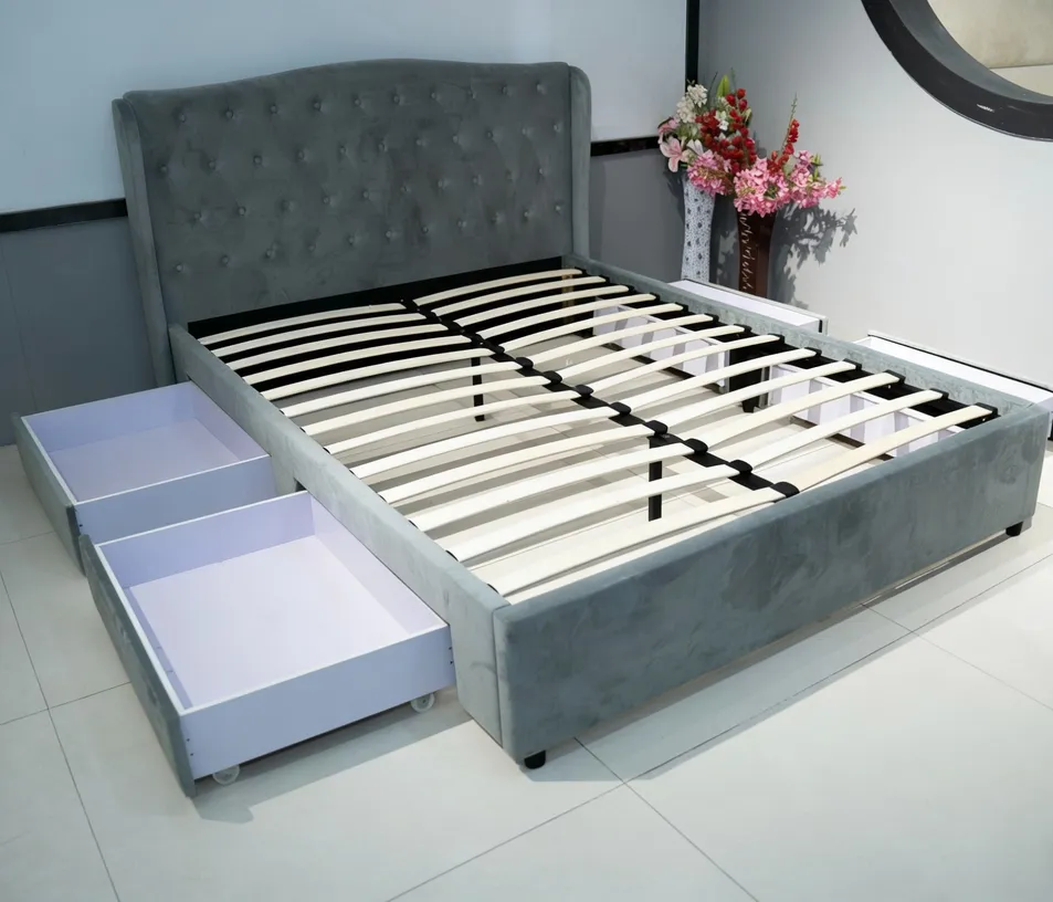 Grey Velvet Upholstered Storage Bed Frame
