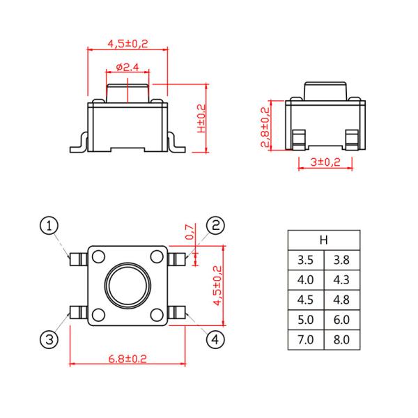 вертикаль переключателя Pin ноги 4 меди заплаты 4.5x4.5 тактильная для плитаа индукции