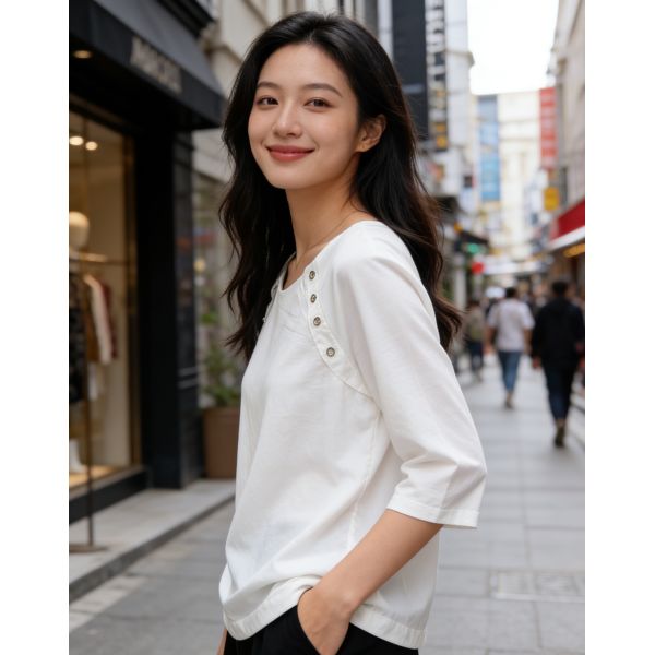 Modern Minimalist White Blouse with Shoulder Button Accents - 3/4 Sleeve for Office & Everyday
