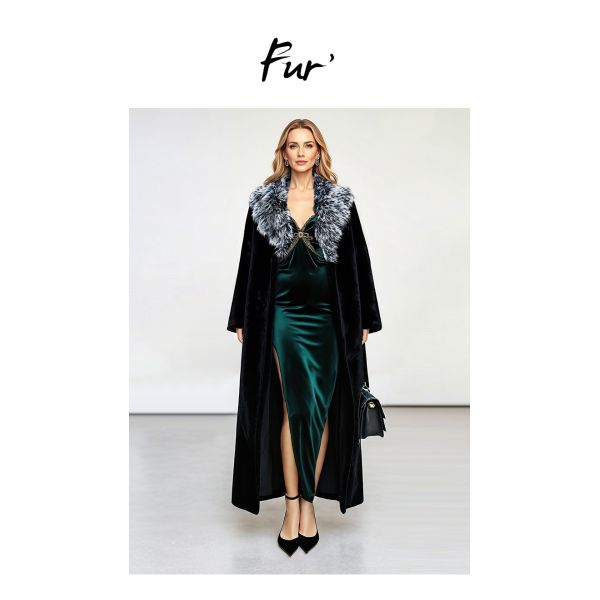 Euro American Faux Fur Coat Eco Friendly Fox Fur Collar Long Black Fur Coat