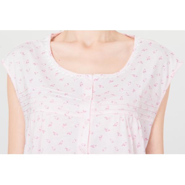 Round Neck Pure Cotton Sleeveless Nightdress With Lace Trim Pink Small Rose Print