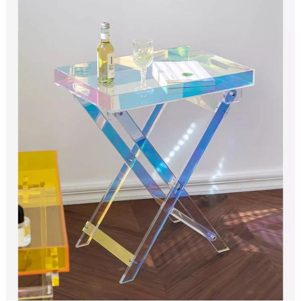 Nordic Style Rectangular Acrylic Folding Table Iridescent Rainbow Lucite Side Table