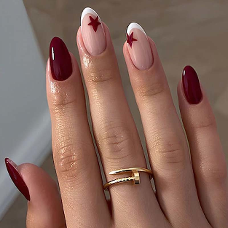Burgundy Star False Nails French Tips Oval Glossy Nude Base Reusable