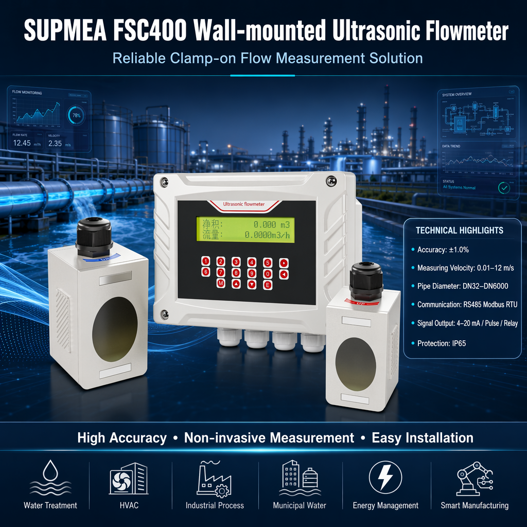 Supmea FSC400 Wall Mounted Clamp on Ultrasonic Flow Meter Transit Time Digital Liquid Flow Meter