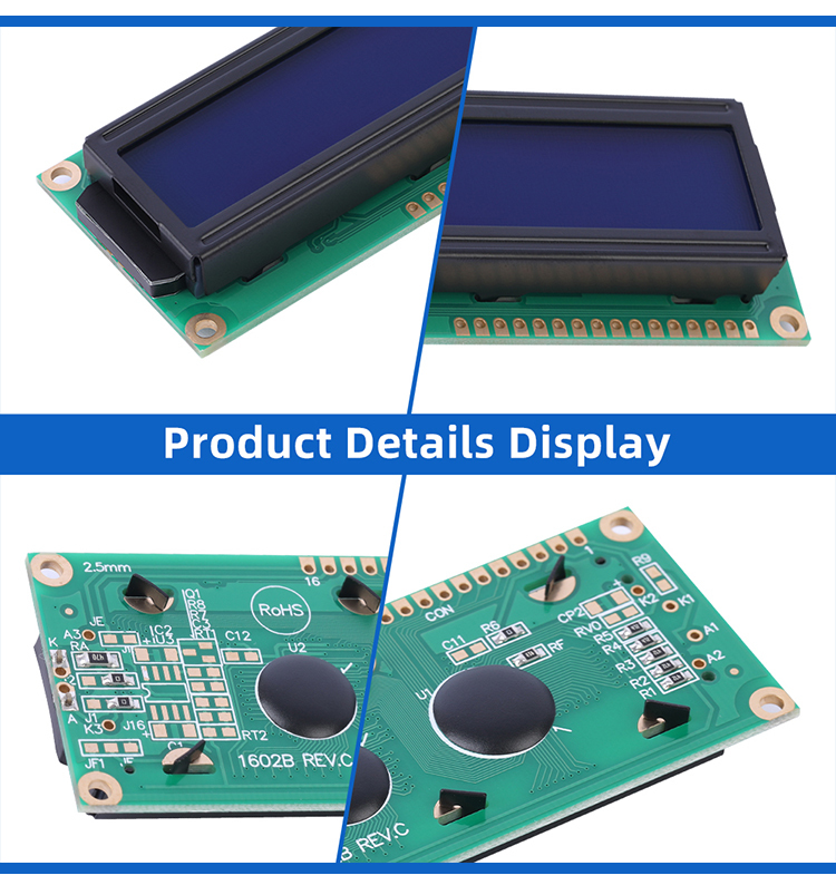 European Blue Film White Letters 1602B REV.C Side Backlight Multiple Font Character Screen LCD Module