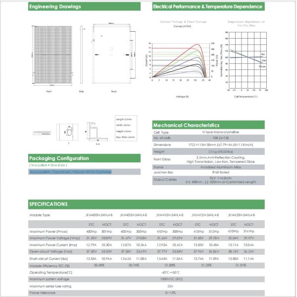 400 Вт 405 Вт 410 Вт 415 Вт Джинко фотоэлектрические модули Тигр Нео N тип монокристаллический полный черный