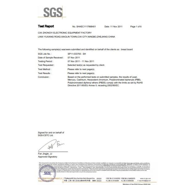 CIXI ZHONGYI ELECTRONIC EQUIPMENT FACTORY Сертификации
