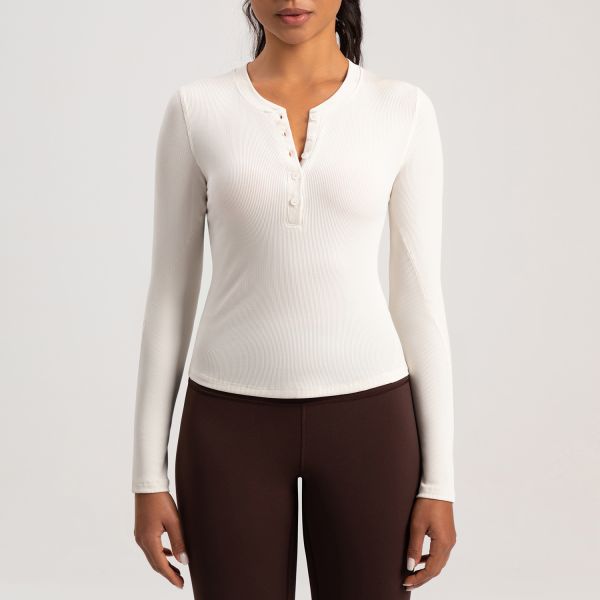 Women's Ribbed Knit Long Sleeve Henley Top - Dusty Pink, Slim Fit, Soft Stretch Fabric for Yoga, Gym & Casual Wear, Button-Down Neckline